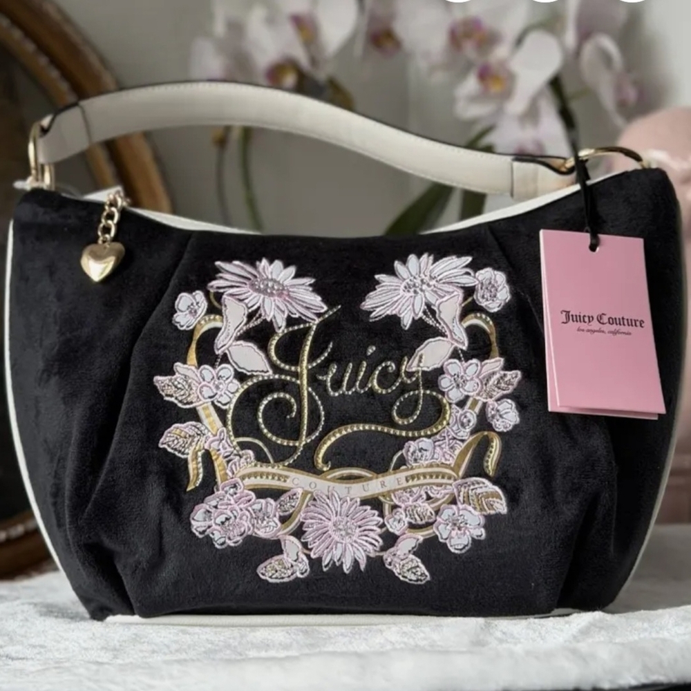 Juicy Couture Black Hobo Bag with Pink & Gold Floral Embroidery